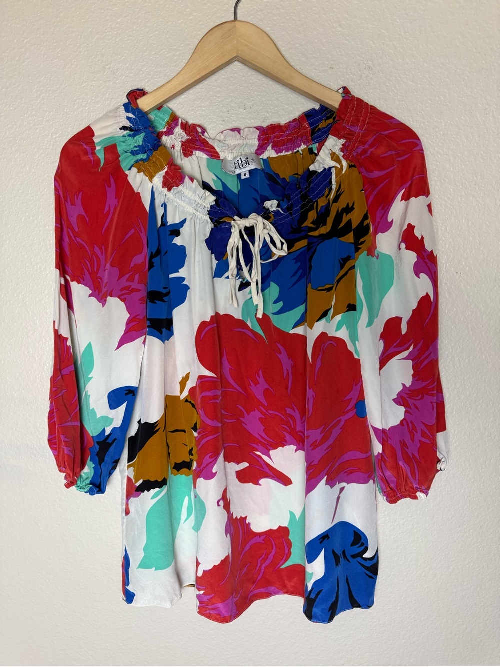 Tibi 100% Silk Women’s Floral Peasant Top - Red Multi